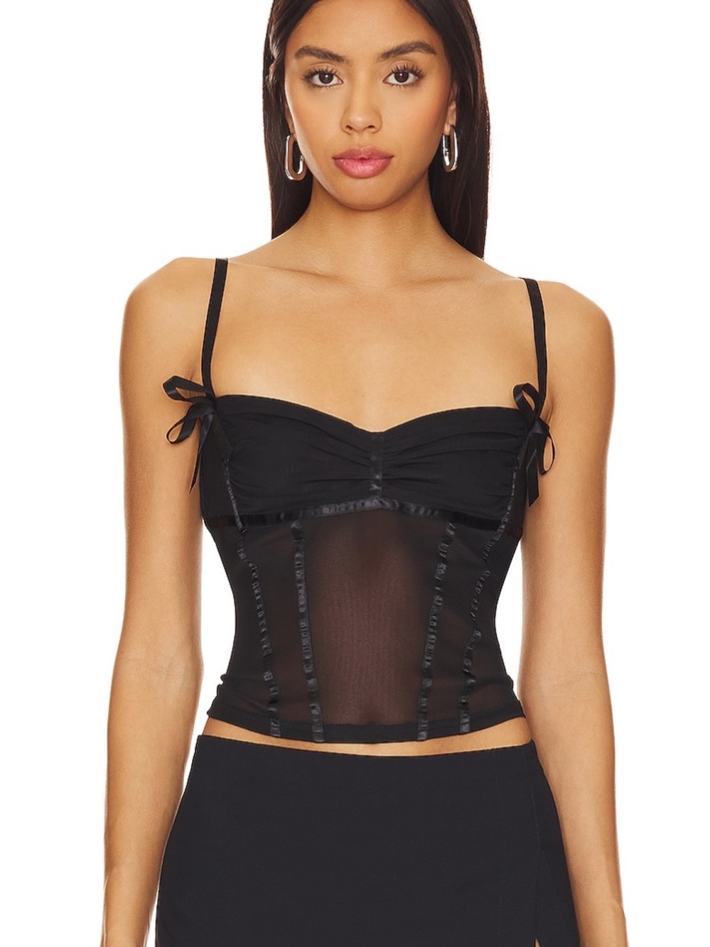 LIONESS Iconic Cami — Black Sheer Bustier Camisole with Bow Straps